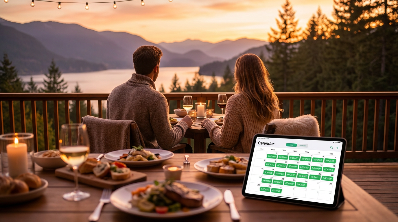 A couple dining on a deck at sunset, overlooking a scenic landscape, with a tablet displaying a fully booked calendar.