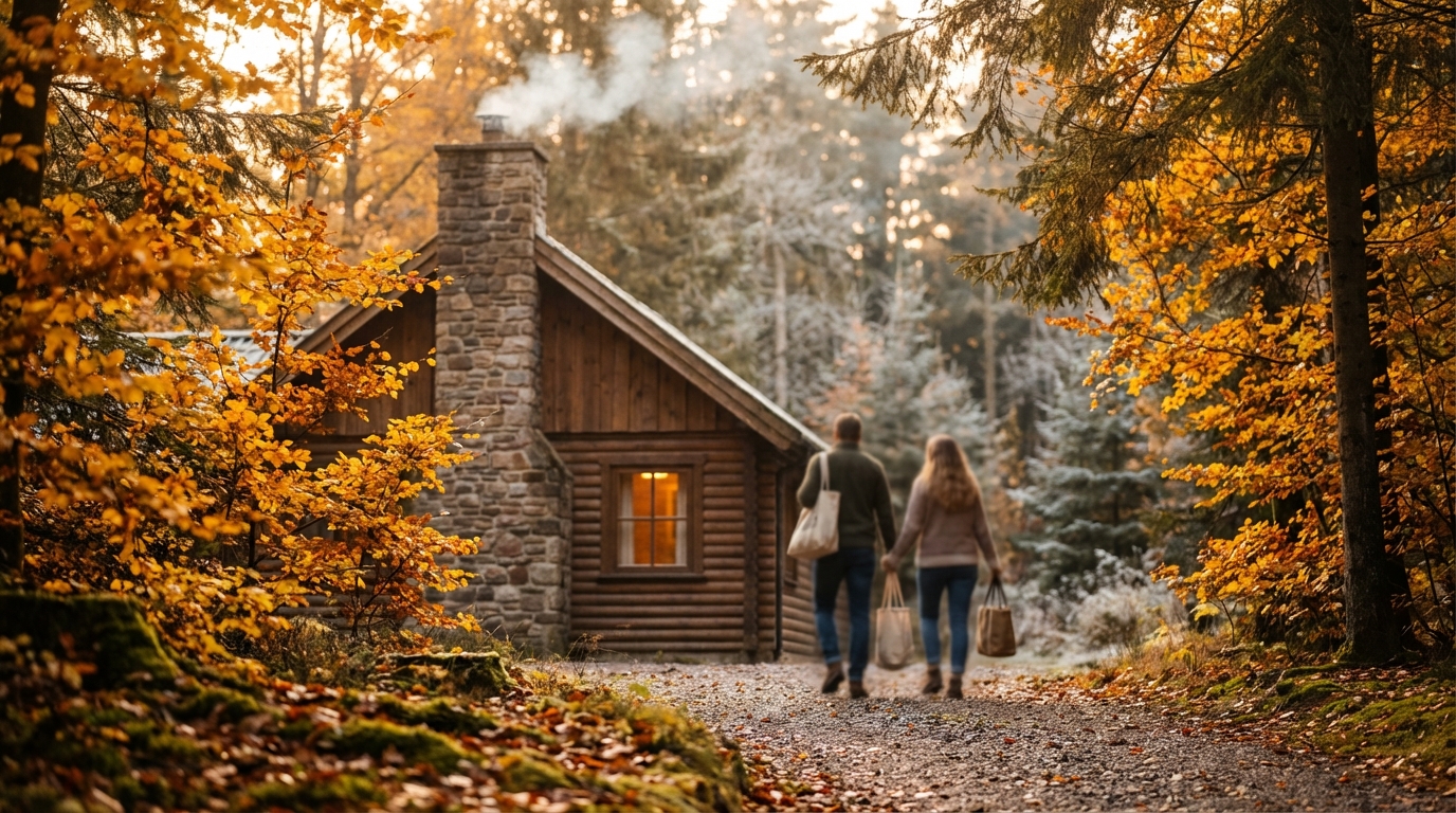 A couple happily arriving at a cozy cabin in an autumn forest during golden hour, representing successful low season bookings