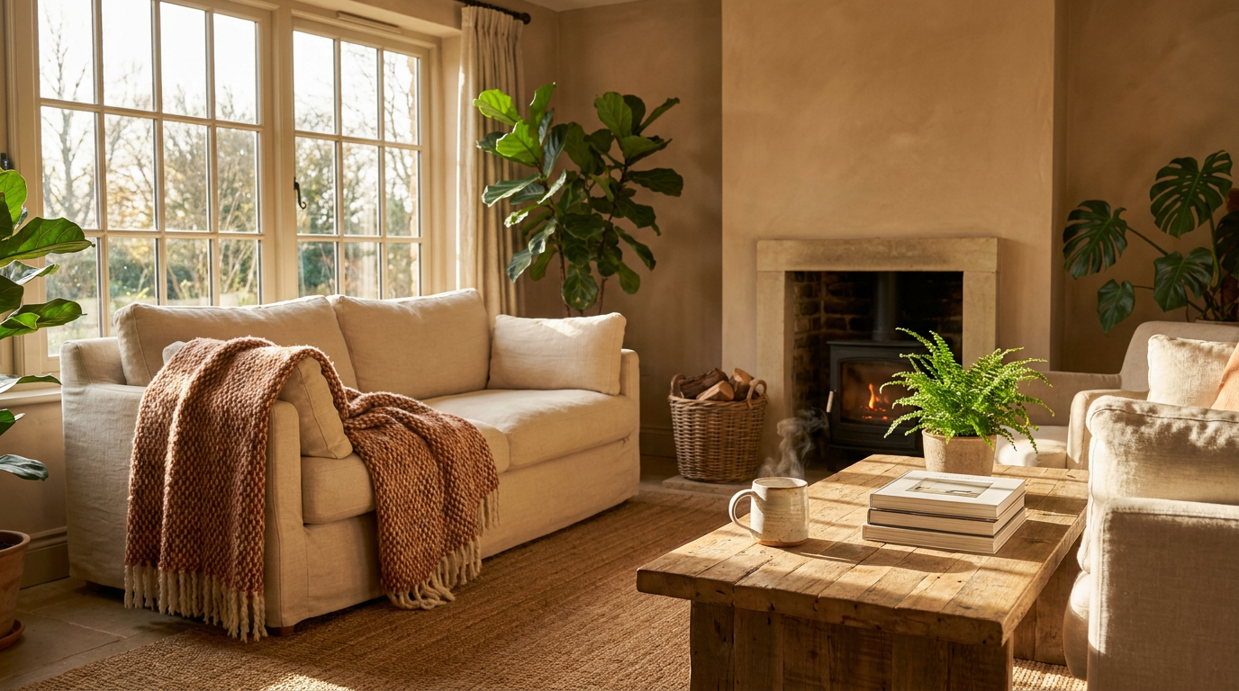 Sunlit cozy living room in a vacation rental with fireplace, natural wood, and plants, evoking comfort and relaxation.