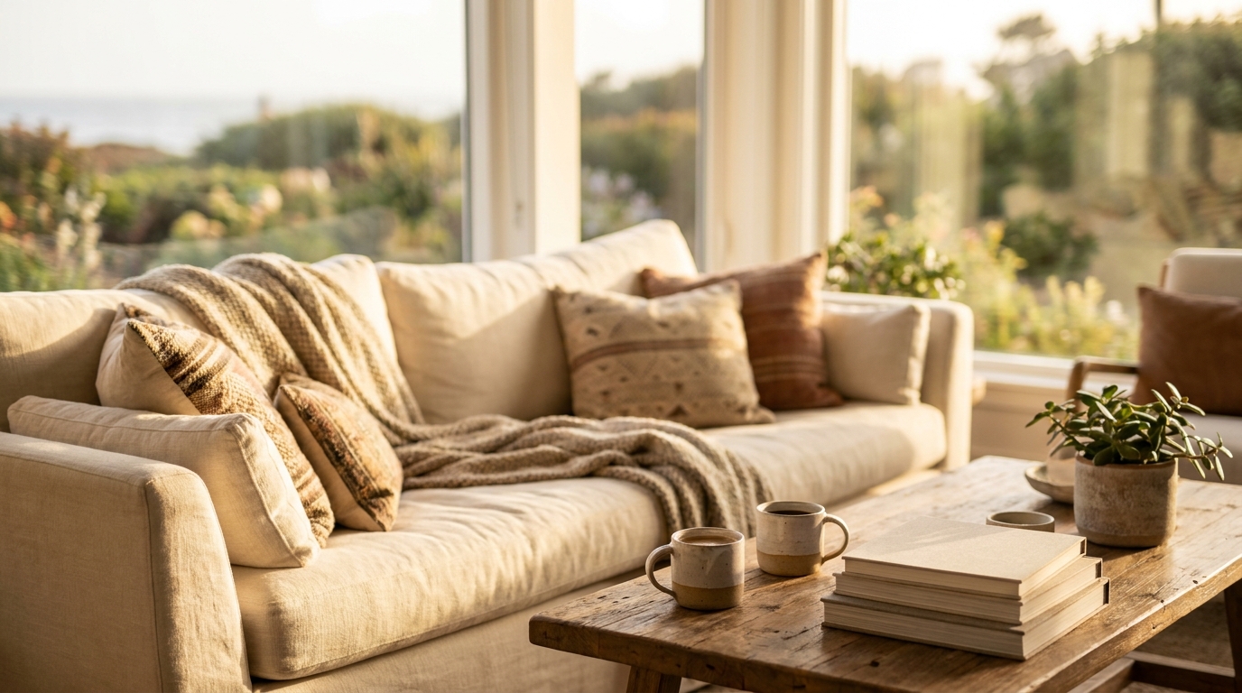 Stylish living room in a vacation rental with morning light, coffee, and books, evoking a sense of calm and inviting relaxation.