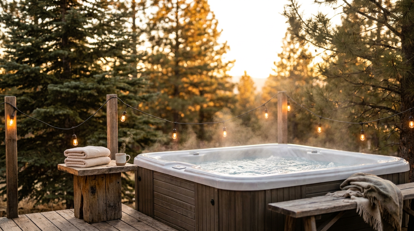 A luxurious outdoor hot tub at golden hour, surrounded by a serene forest, with steam rising and warm string lights, suggesting a relaxing vacation rental experience.