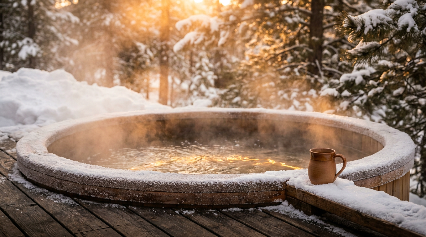 Cozy outdoor hot tub at golden hour, surrounded by snowy pines with steam rising, promoting winter bookings and increased property value.