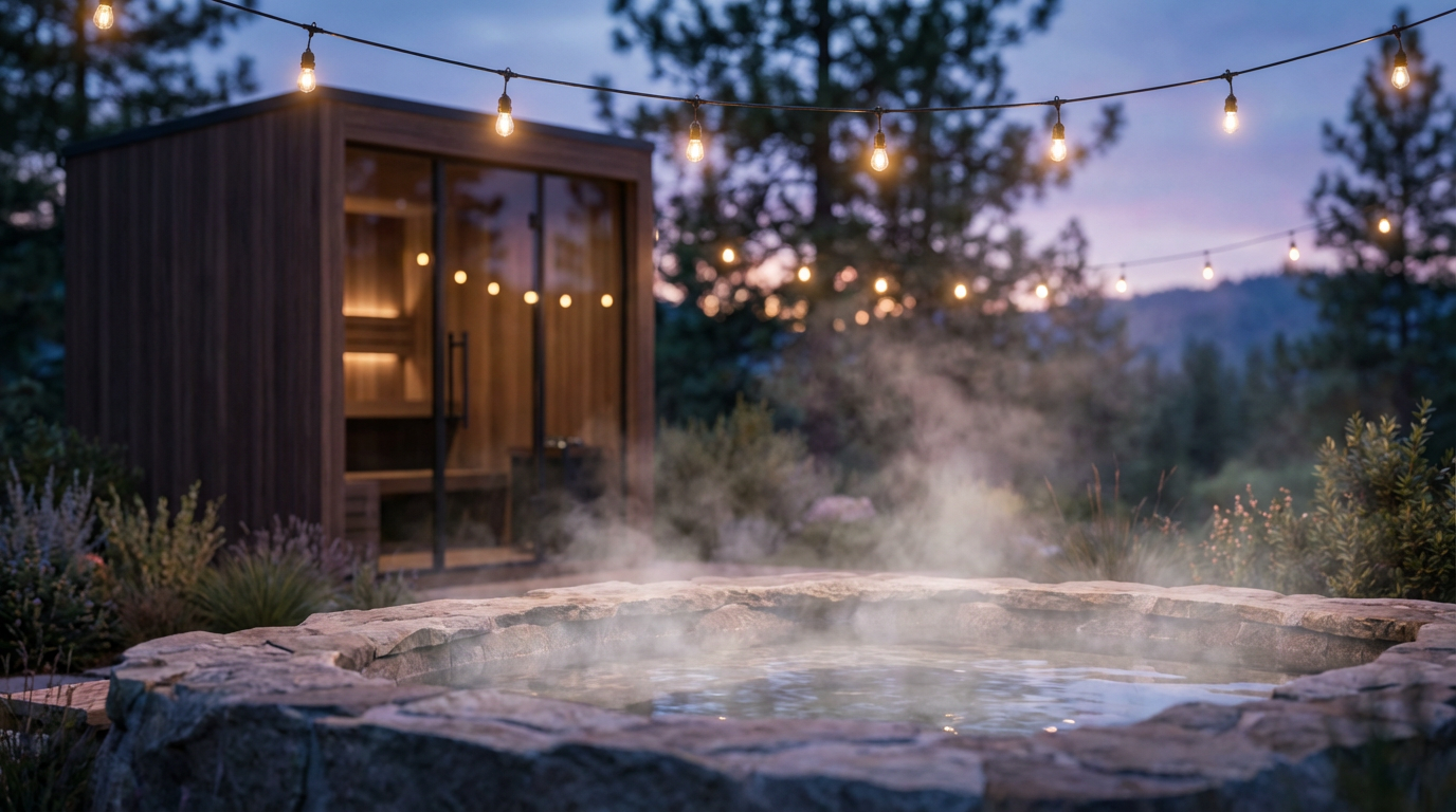 A close-up, low-angle view of a steaming outdoor hot tub at twilight, with warm string lights and a modern sauna in the background.