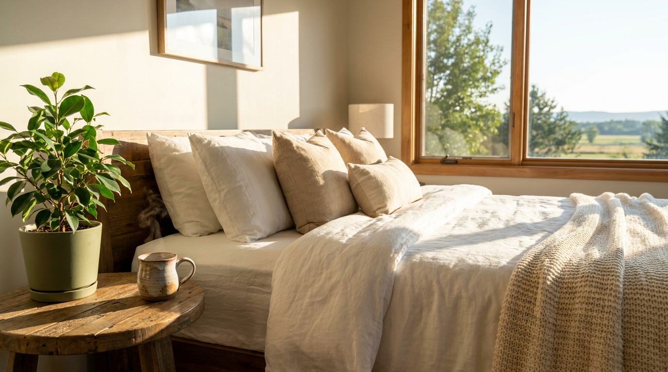 Sunlit vacation rental bedroom with white linen, wooden bedside table, coffee mug, and plant, evoking a peaceful holiday morning.