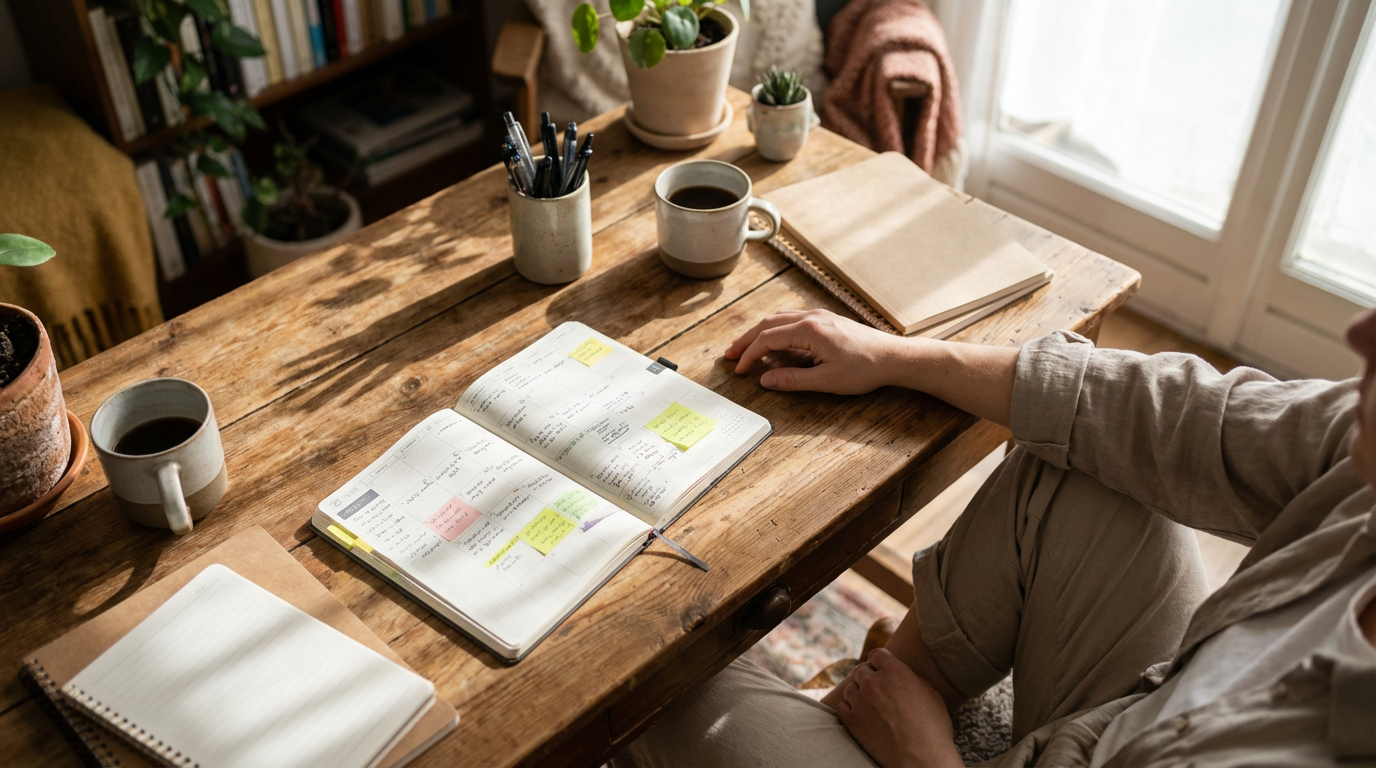 Overhead view of a person at a desk with a completed planner, bathed in afternoon light, representing successful marketing strategy.