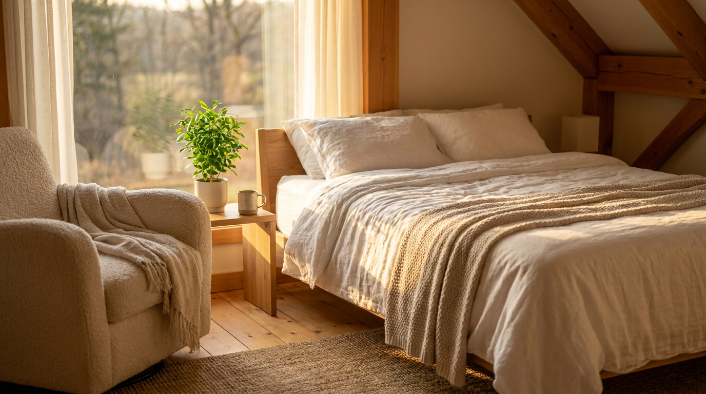 Sunlit bedroom in a vacation rental with crisp linen, a plush armchair, and a potted plant, evoking a relaxed morning atmosphere.