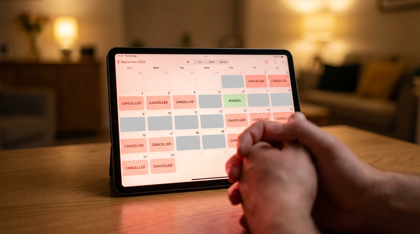 Digital calendar with crossed-out bookings representing lost revenue from guest cancellations.