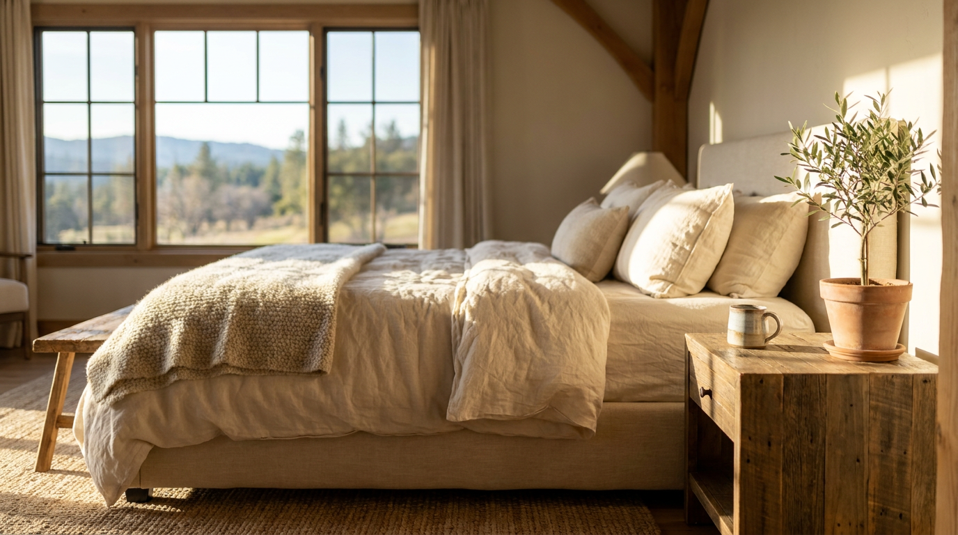 Sunlit bedroom in a premium seasonal vacation rental, featuring cozy linen bedding, rustic wooden furniture, and a ceramic coffee mug, exuding a tranquil, aspirational atmosphere for long-term guests.