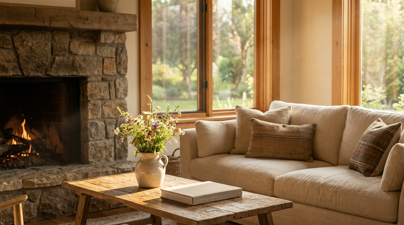 Sunlit luxury living room with fireplace, linen sofa, fresh flowers, and hardcover book, suggesting a premium vacation rental experience.