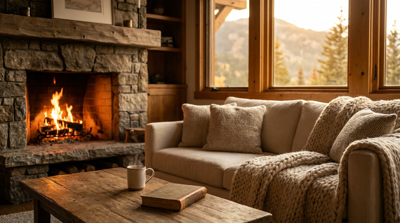 Cozy mountain chalet living room with a fireplace, sofa, blankets, and a coffee table with a steaming mug and a book, at golden hour.