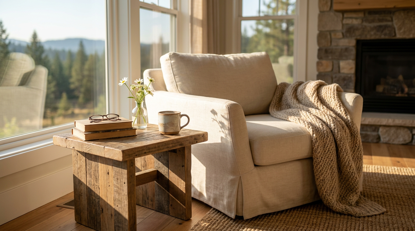 Cozy reading nook in a vacation rental with soft morning light, an armchair, throw blanket, coffee, and fresh flowers.