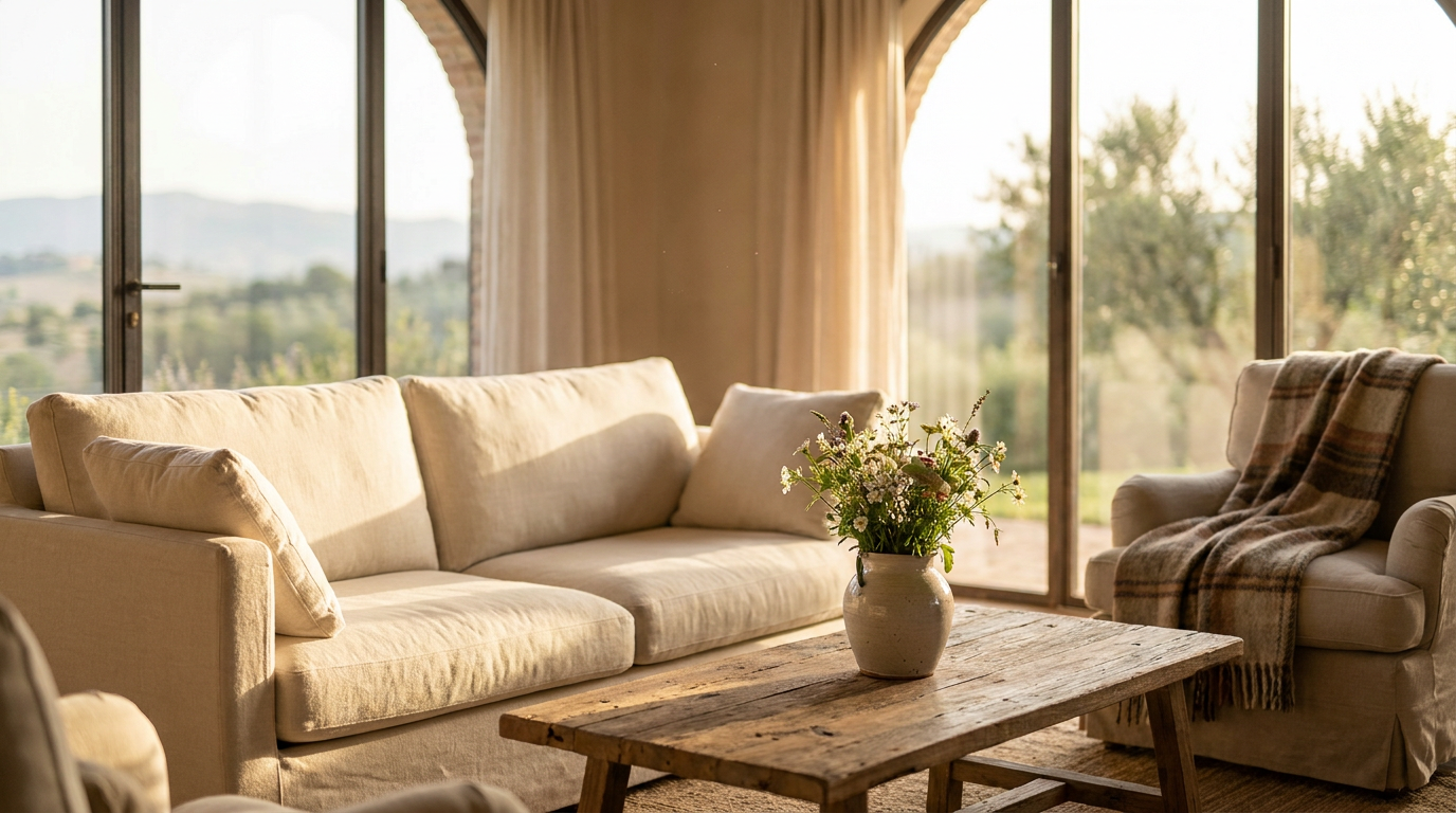 Luxurious sun-drenched living room in a vacation rental with soft linen sofa and fresh flowers, exuding calm aspiration.