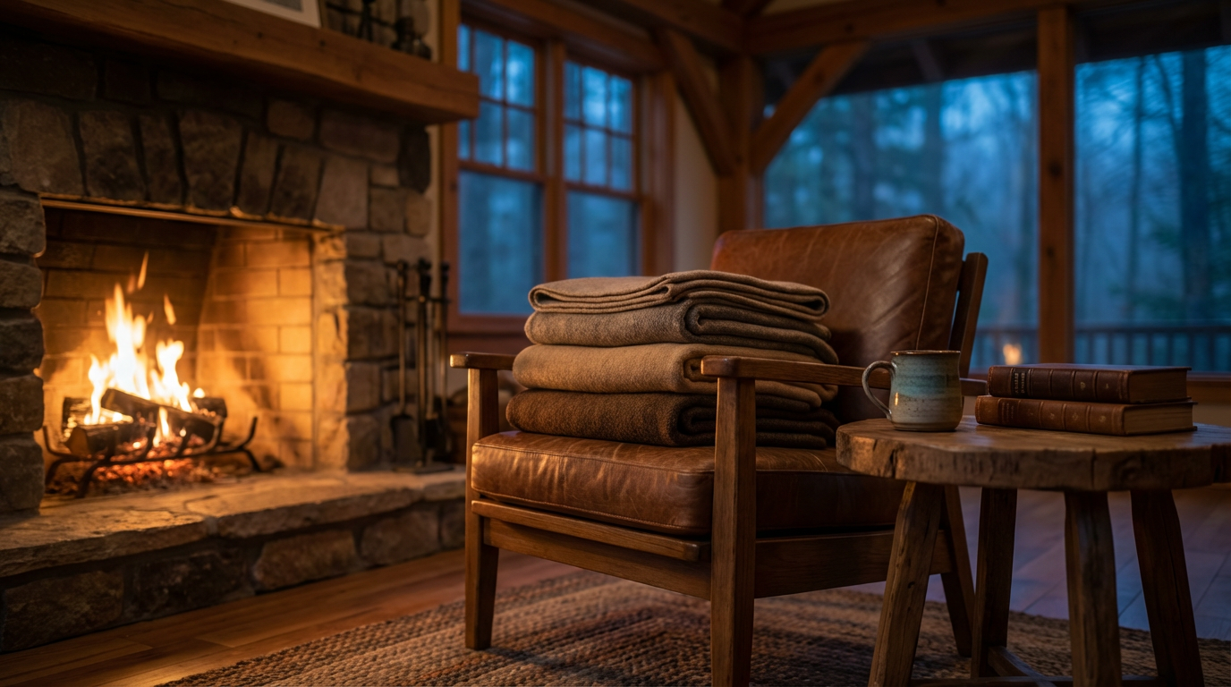 Cozy rustic living room interior at twilight with fireplace, throw blankets, ceramic mug, and books looking out onto a dark forest.
