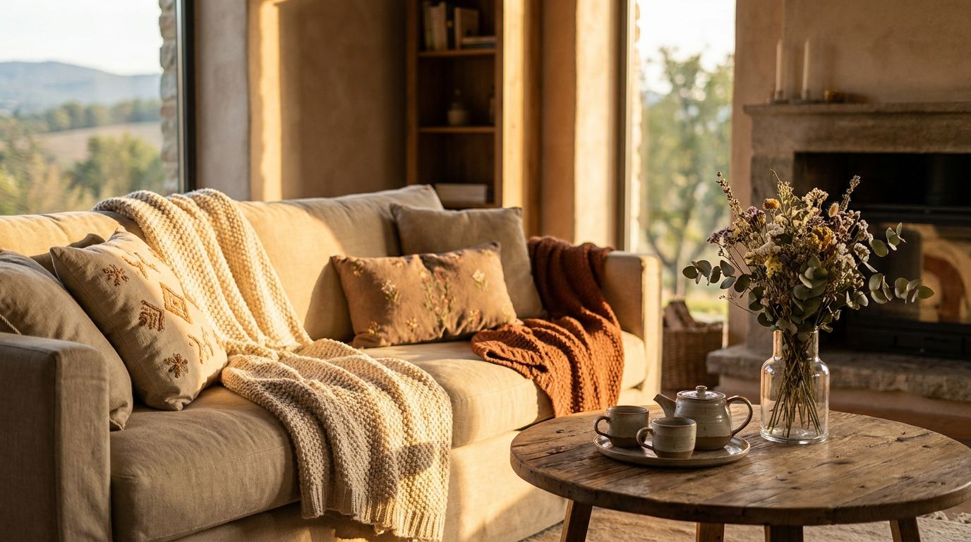 A sunlit, cozy vacation rental living room with elegant decor, perfect for a relaxing getaway.
