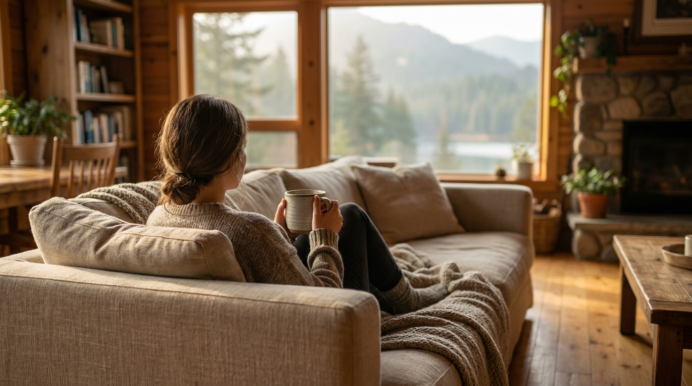 A guest enjoying a peaceful morning with coffee in a cozy vacation rental living room overlooking mountains, suggesting calm amidst potential issues.