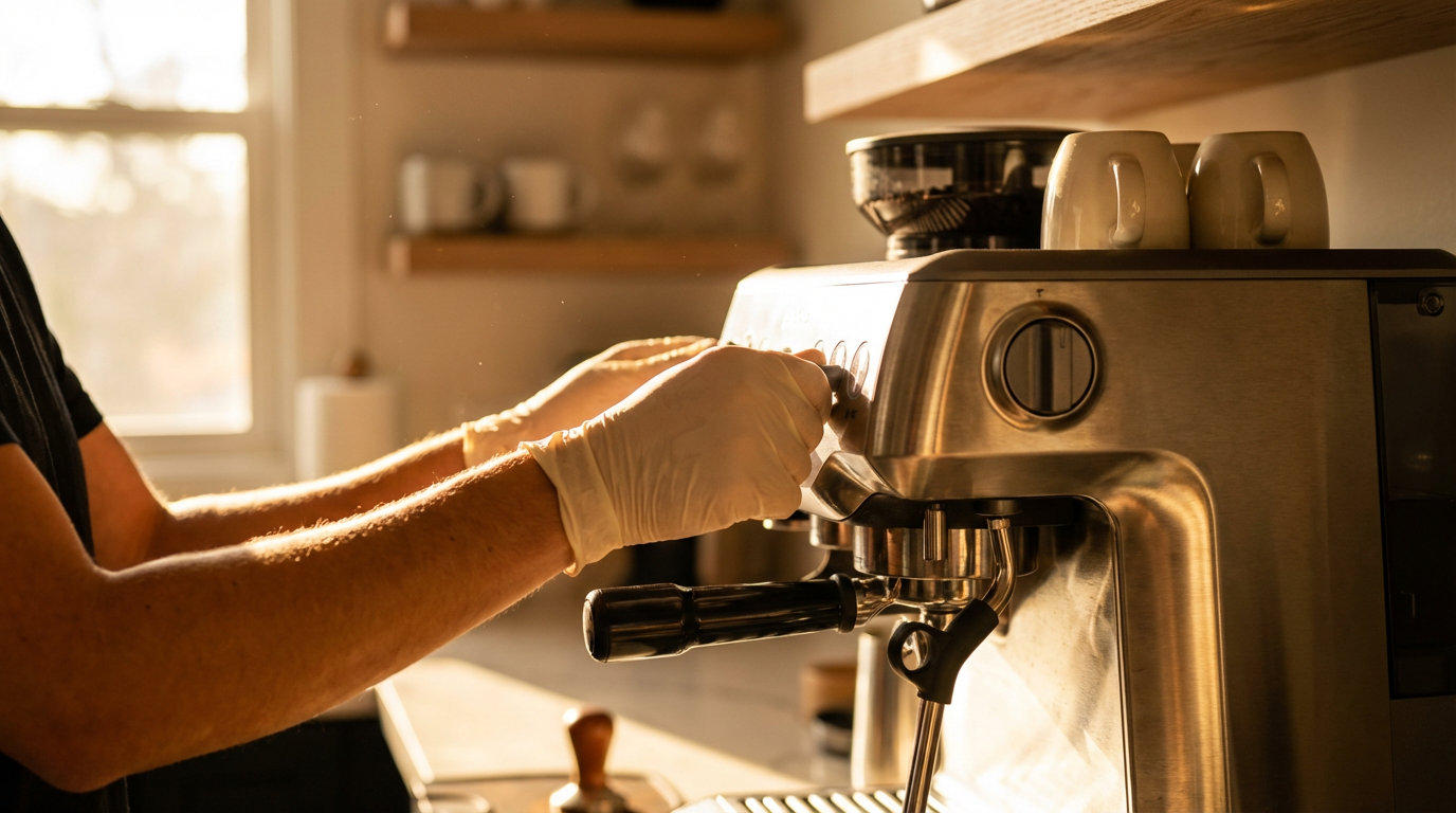 Close-up of a property manager's hands performing a routine maintenance check on a kitchen appliance in a sunlit short-term rental kitchen.