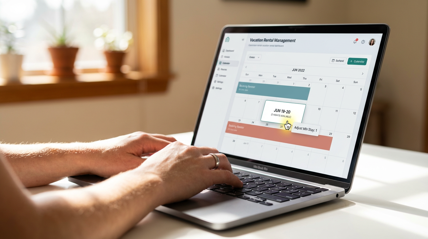 Hands using a laptop to adjust minimum stay requirements on a vacation rental software calendar, demonstrating the 'gap filler' strategy.