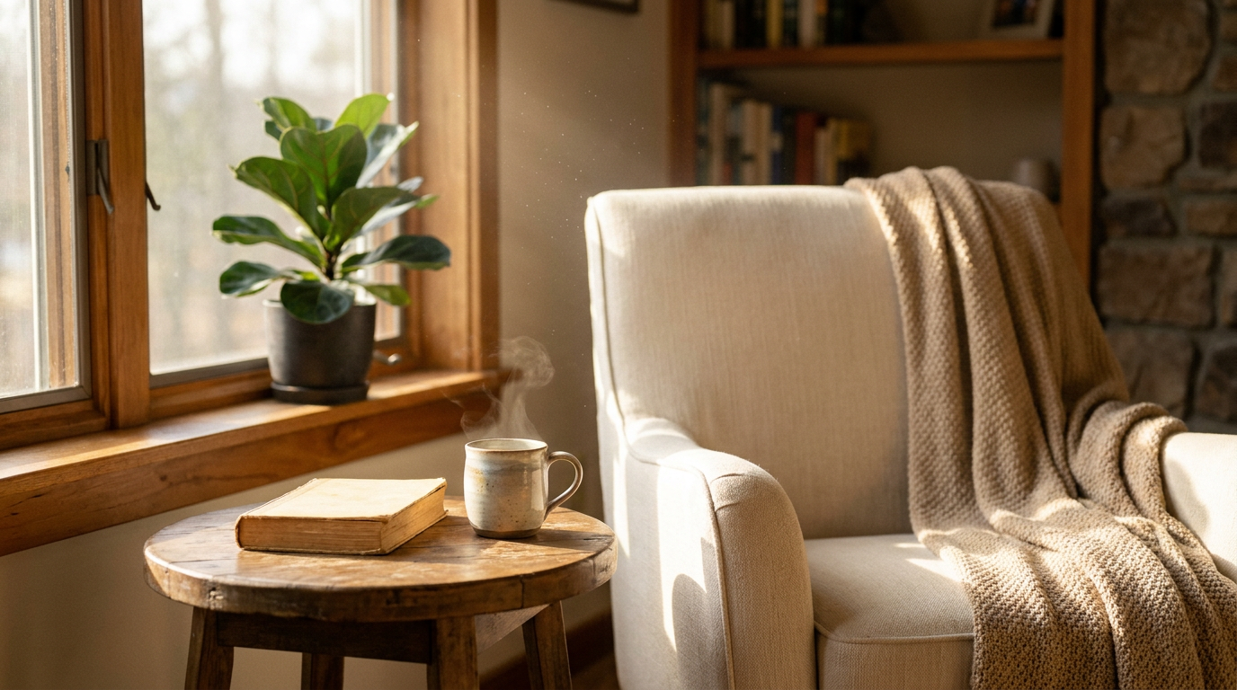 A cozy, sunlit reading nook in a vacation rental, featuring a cream armchair with a throw blanket, a wooden side table with a teacup and book, and a potted fig plant on the windowsill.