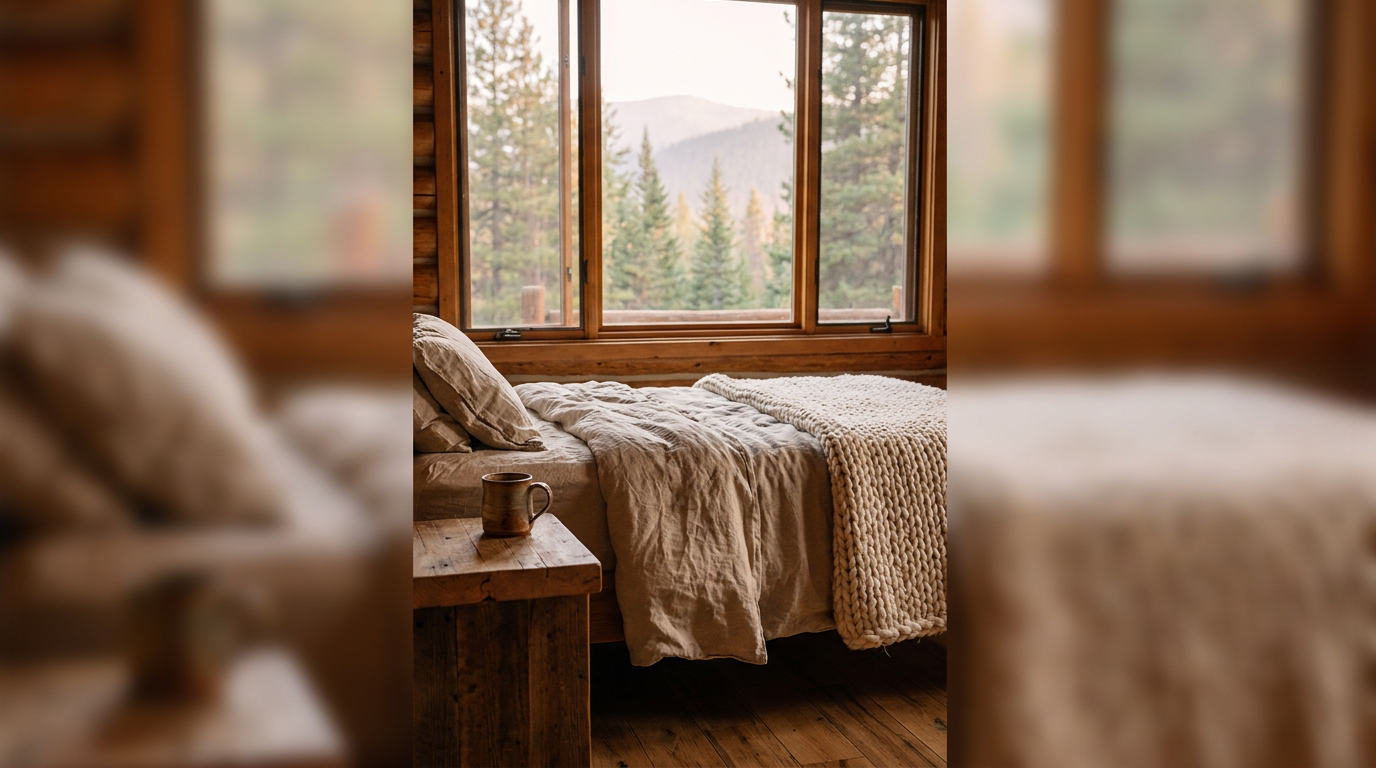 Cozy rustic cabin bedroom with forest view, soft morning light, and ceramic mug on bedside table.