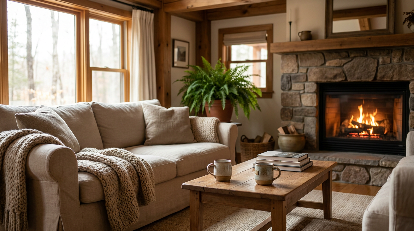 Cozy rustic living room with fireplace and morning light in a vacation rental