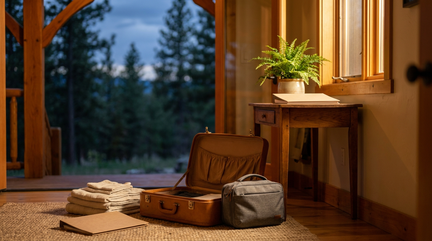 Cozy mountain chalet living room at dusk with fireplace and snow-dusted forest view, ideal for a relaxing multi-week stay.