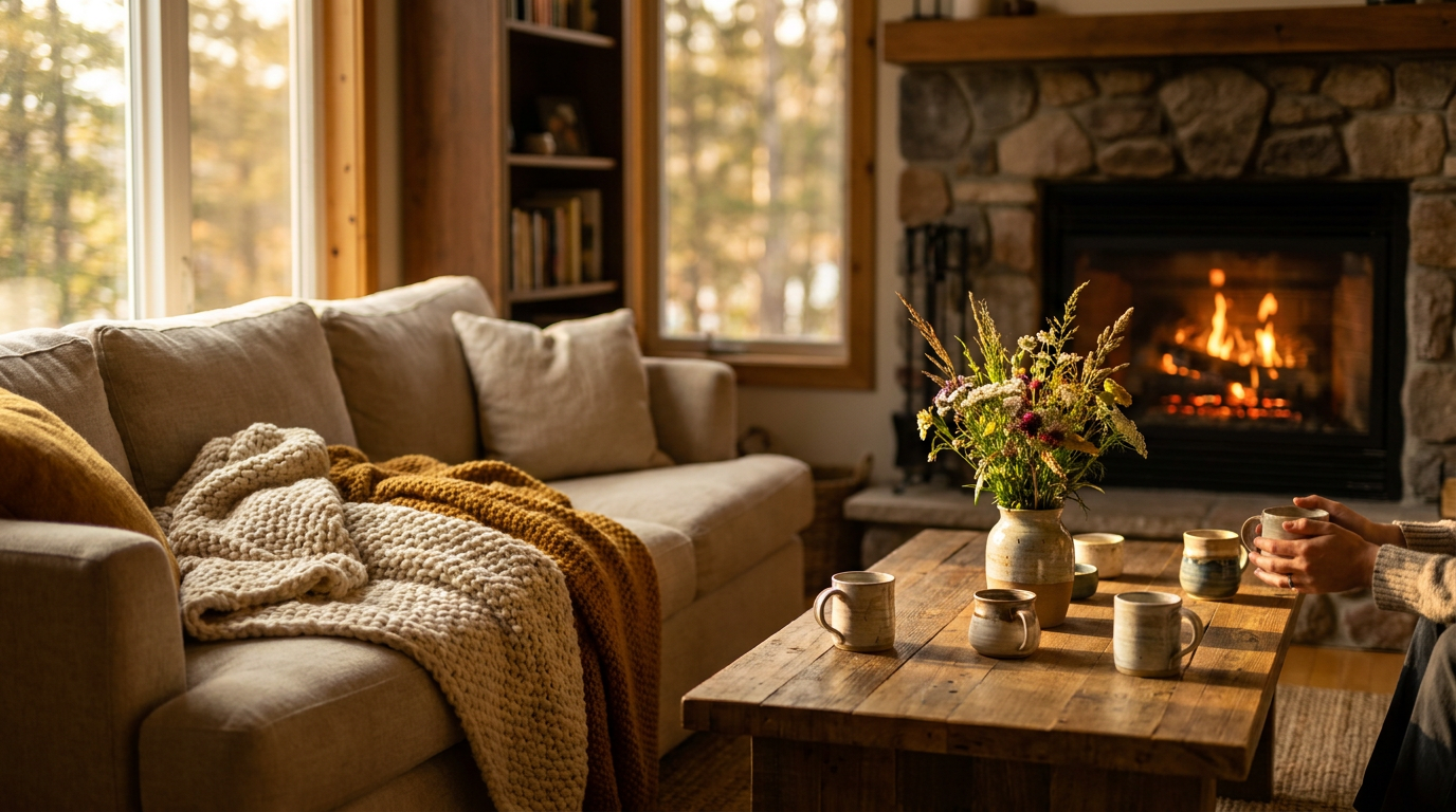 Cozy vacation rental living room with fireplace and wildflowers, golden hour light, rustic-chic decor, inviting off-season travel.