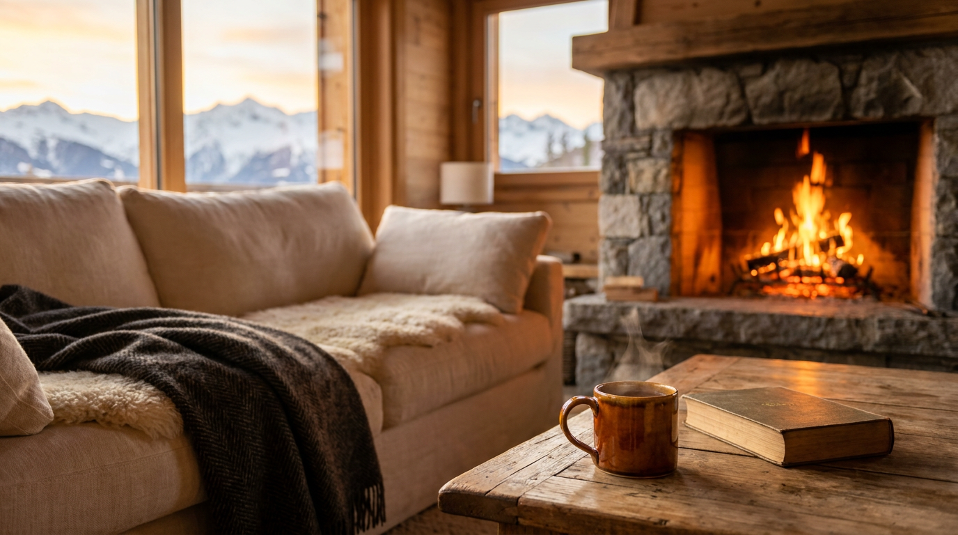 A warm and inviting living room in a mountain chalet at sunset, with a crackling fireplace and a cozy sofa, perfect for a relaxing vacation.