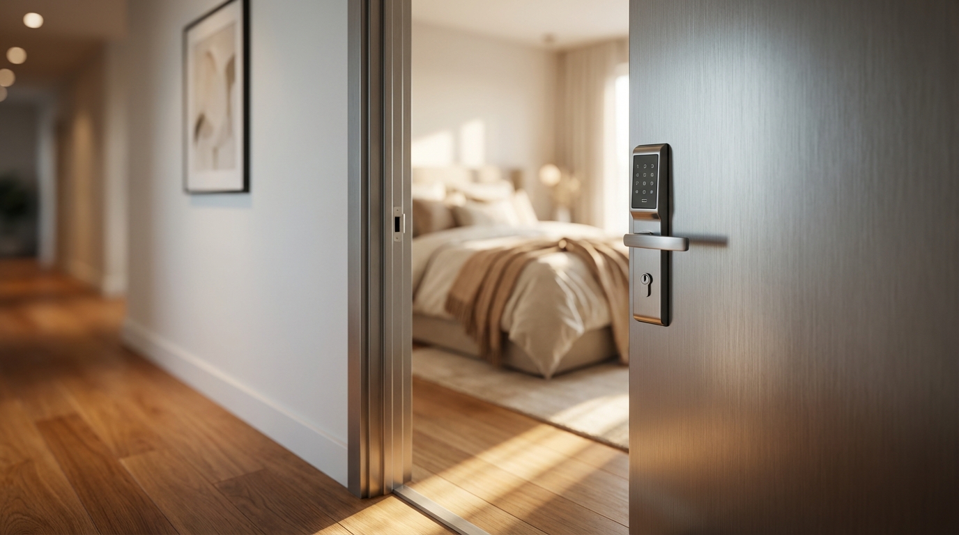 Wide shot of an open bedroom door in a short-term rental, showcasing a modern silver door handle with a keyhole, leading into a bright, inviting room. The open door suggests a lack of privacy or security.